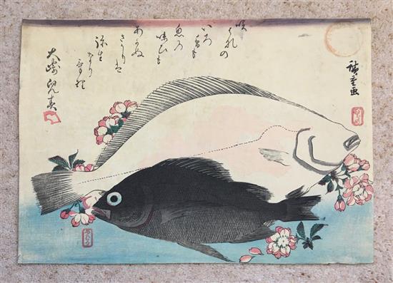 Japanese School, 4 woodblock prints, Studies of birds and a fish, largest 38 x 26cm, unframed, Ex Joe Hloucha collection